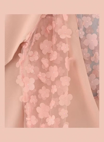 HASHQLO Flower Embellished Full Sleeve Short Dress Pink-3