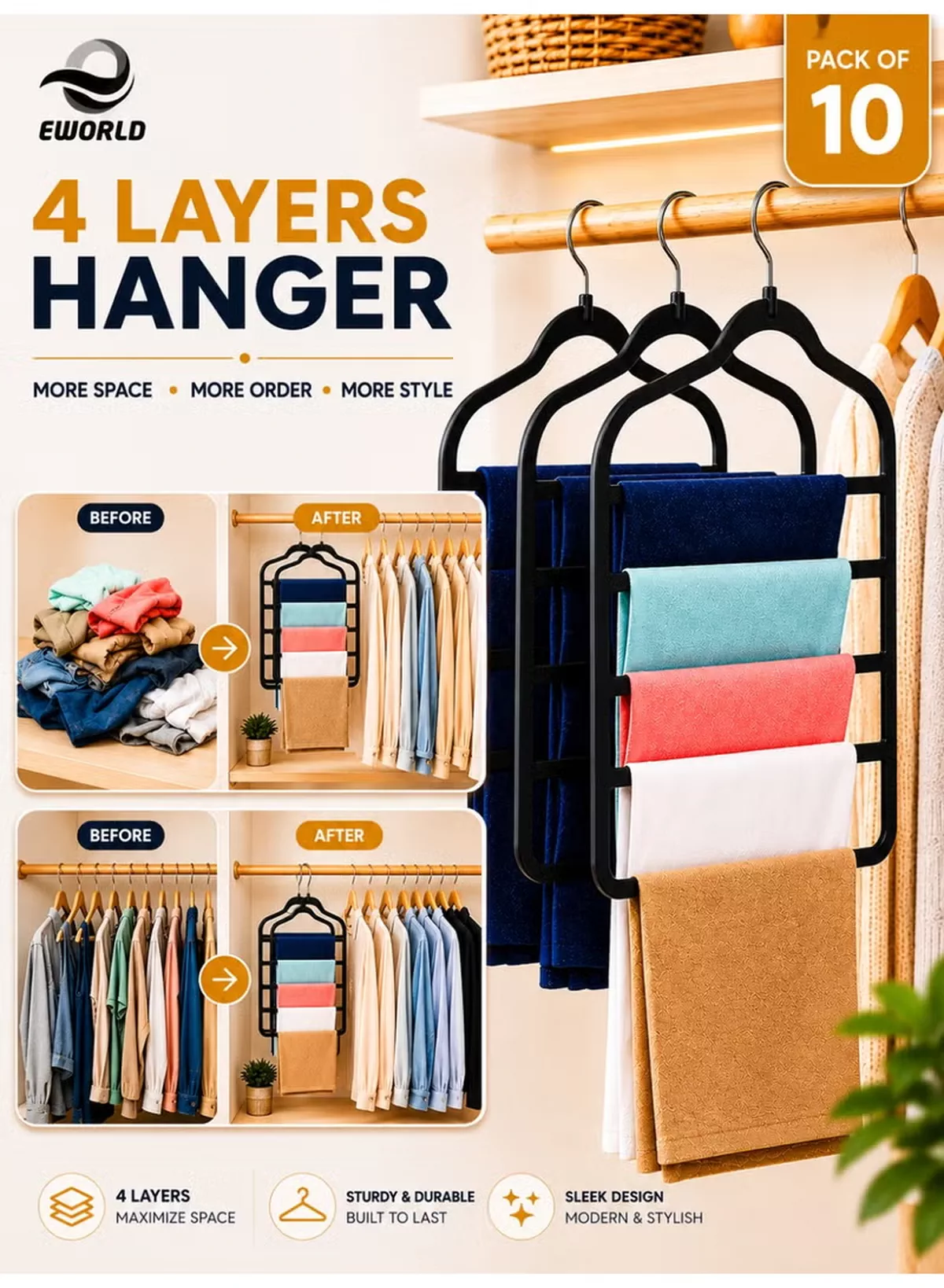 Pack of 10 Non-Slip Clothes Hangers with 4 layers, The Ultimate Space-Saving Solution for Organizing Trousers, Skirts, Coats, Dresses, and Tank Tops Effortlessly