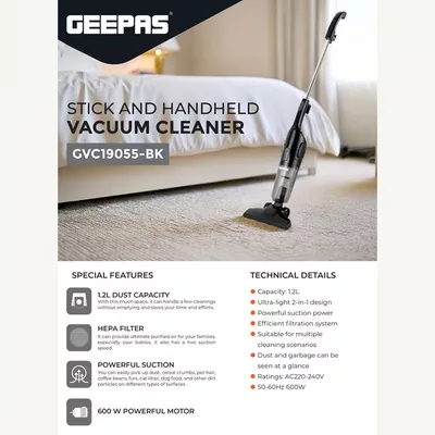 Geepas Stick And Handheld Vacuum Cleaner, HEPA Filter, 1.2L-6