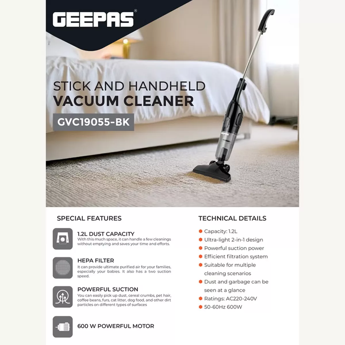 Geepas Stick And Handheld Vacuum Cleaner, HEPA Filter, 1.2L-6-6