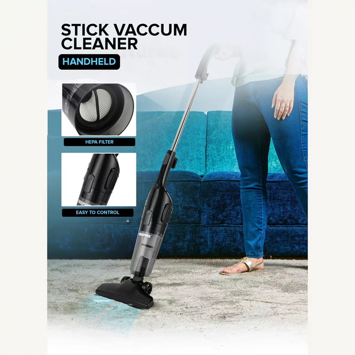 Geepas Stick And Handheld Vacuum Cleaner, HEPA Filter, 1.2L-4-4
