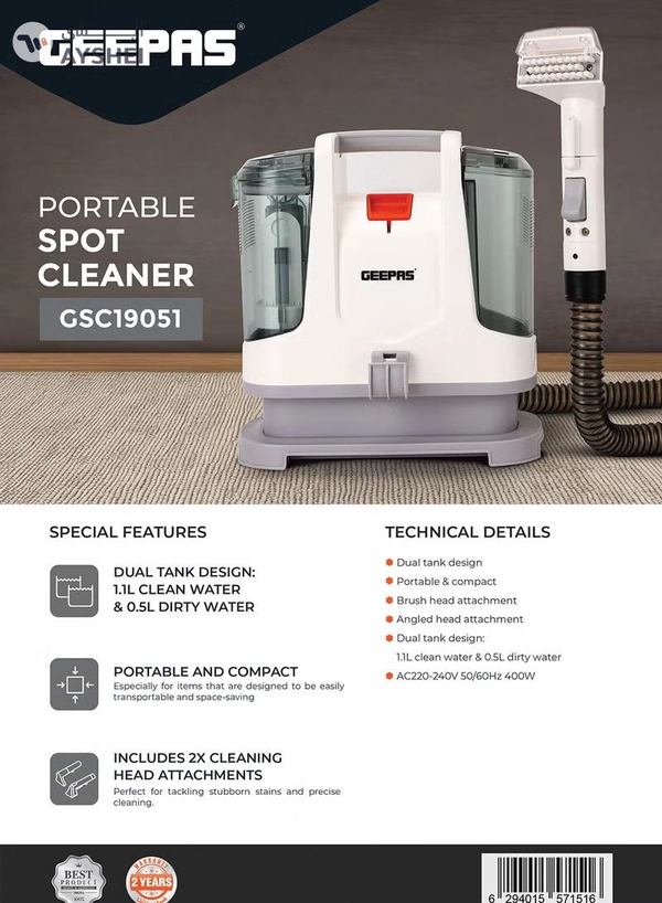 GEEPAS Portable Spot Cleaner-Dual Tank Design, 1.1 L and 0.5L Clean and Dirty Water Tanks/ 2 Cleaning Head Attachments, Lightweight and Compact Design, Perfect for Clean Carpets, Rugs, Upholstery etc 1.1 L 400 W GSC19051 White