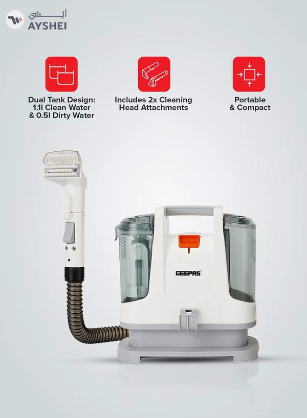 GEEPAS Portable Spot Cleaner-Dual Tank Design, 1.1 L and 0.5L Clean and Dirty Water Tanks/ 2 Cleaning Head Attachments, Lightweight and Compact Design, Perfect for Clean Carpets, Rugs, Upholstery etc 1.1 L 400 W GSC19051 White