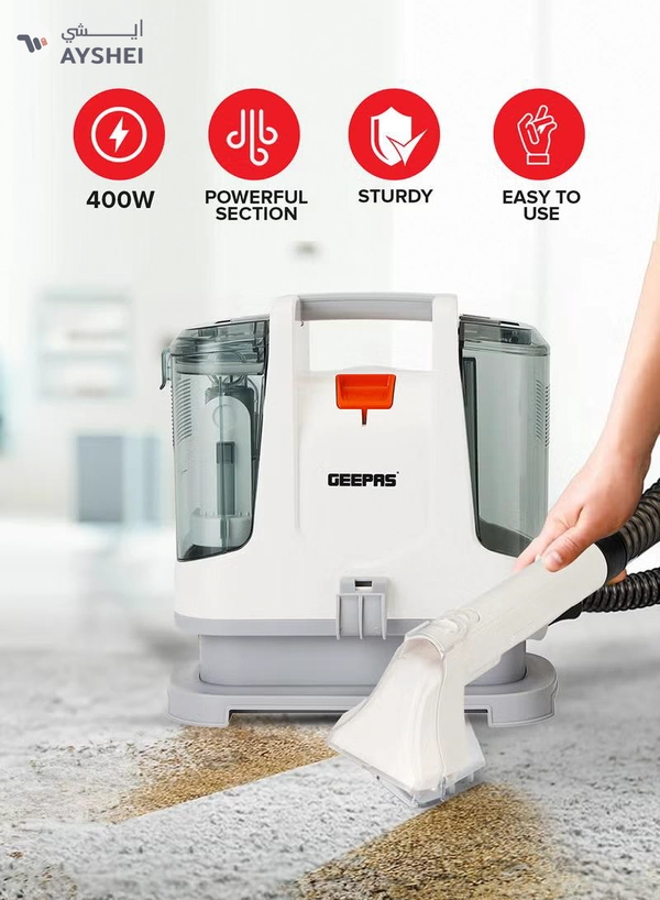 GEEPAS Portable Spot Cleaner-Dual Tank Design, 1.1 L and 0.5L Clean and Dirty Water Tanks/ 2 Cleaning Head Attachments, Lightweight and Compact Design, Perfect for Clean Carpets, Rugs, Upholstery etc 1.1 L 400 W GSC19051 White