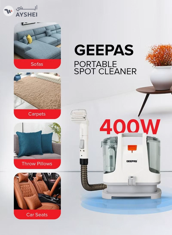GEEPAS Portable Spot Cleaner-Dual Tank Design, 1.1 L and 0.5L Clean and Dirty Water Tanks/ 2 Cleaning Head Attachments, Lightweight and Compact Design, Perfect for Clean Carpets, Rugs, Upholstery etc 1.1 L 400 W GSC19051 White