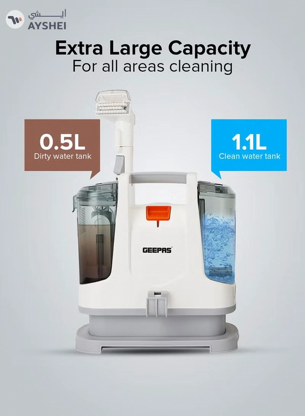 GEEPAS Portable Spot Cleaner-Dual Tank Design, 1.1 L and 0.5L Clean and Dirty Water Tanks/ 2 Cleaning Head Attachments, Lightweight and Compact Design, Perfect for Clean Carpets, Rugs, Upholstery etc 1.1 L 400 W GSC19051 White