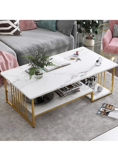 DubaiGallery Simple and modern marble pattern top coffee table with gold metal frame Two tiers of shelving space for storage and display Suitable for use in living room-0