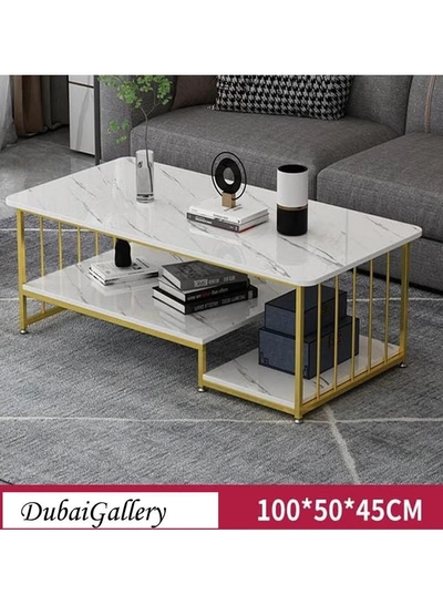 DubaiGallery Simple and modern marble pattern top coffee table with gold metal frame Two tiers of shelving space for storage and display Suitable for use in living room-1