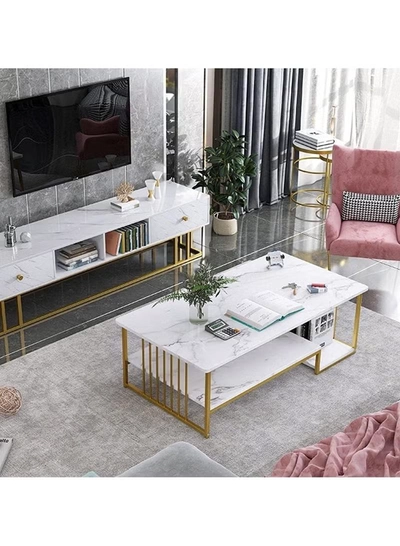 DubaiGallery Simple and modern marble pattern top coffee table with gold metal frame Two tiers of shelving space for storage and display Suitable for use in living room-2
