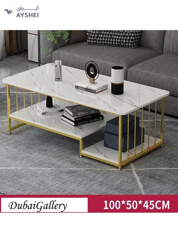 DubaiGallery Simple and modern marble pattern top coffee table with gold metal frame Two tiers of shelving space for storage and display Suitable for use in living room