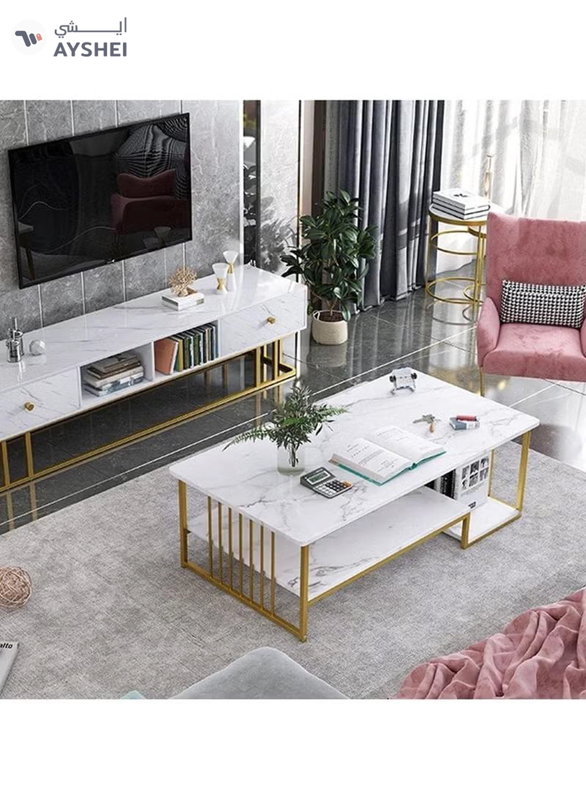 DubaiGallery Simple and modern marble pattern top coffee table with gold metal frame Two tiers of shelving space for storage and display Suitable for use in living room-2-2