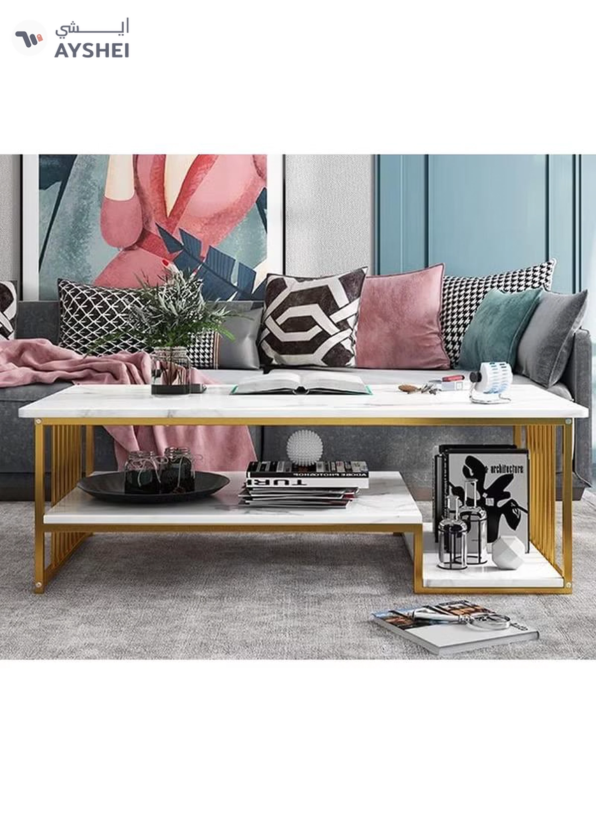 DubaiGallery Simple and modern marble pattern top coffee table with gold metal frame Two tiers of shelving space for storage and display Suitable for use in living room-3-3