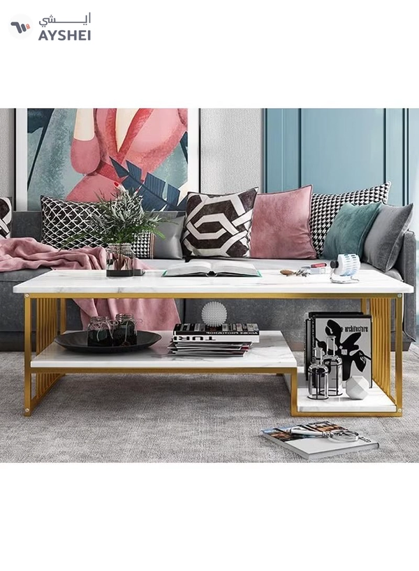 DubaiGallery Simple and modern marble pattern top coffee table with gold metal frame Two tiers of shelving space for storage and display Suitable for use in living room