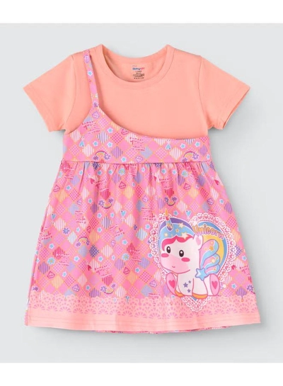  babyqlo One Shoulder Unicorn Printed Spaghetti Dress With Attached T-Shirt Pink-0