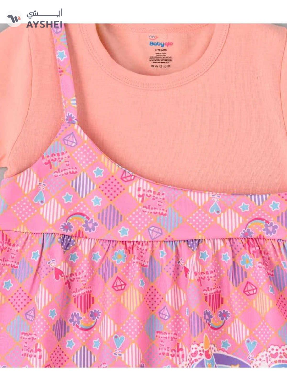  babyqlo One Shoulder Unicorn Printed Spaghetti Dress With Attached T-Shirt Pink-2-2