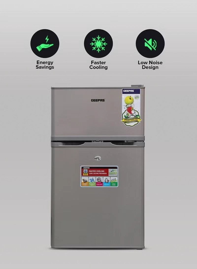 GEEPAS 125L Gross/85L Net Capacity, Double Door Defrost Refrigerator With Rapid Cooling Function, Tropic Type, CFC Free, Interior Lamp, Adjustable Leg, Hook & Key, Outside Condenser, 25L Freezer capacity GRF1259GPE Metallic grey-2
