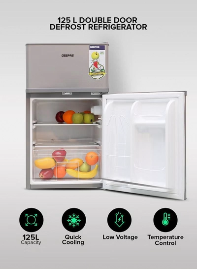GEEPAS 125L Gross/85L Net Capacity, Double Door Defrost Refrigerator With Rapid Cooling Function, Tropic Type, CFC Free, Interior Lamp, Adjustable Leg, Hook & Key, Outside Condenser, 25L Freezer capacity GRF1259GPE Metallic grey-1