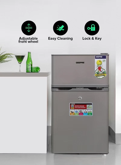 GEEPAS 125L Gross/85L Net Capacity, Double Door Defrost Refrigerator With Rapid Cooling Function, Tropic Type, CFC Free, Interior Lamp, Adjustable Leg, Hook & Key, Outside Condenser, 25L Freezer capacity GRF1259GPE Metallic grey-0