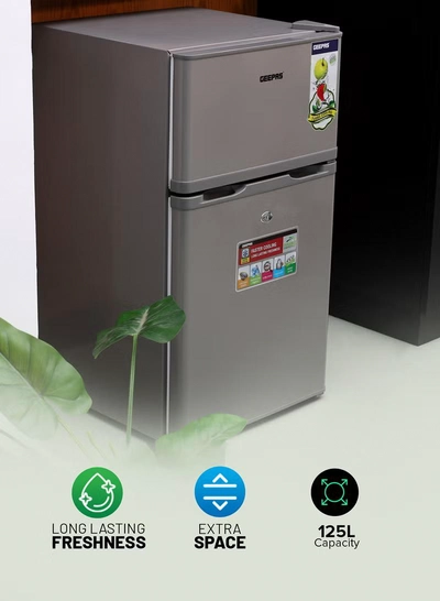 GEEPAS 125L Gross/85L Net Capacity, Double Door Defrost Refrigerator With Rapid Cooling Function, Tropic Type, CFC Free, Interior Lamp, Adjustable Leg, Hook & Key, Outside Condenser, 25L Freezer capacity GRF1259GPE Metallic grey-4