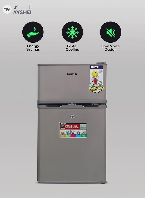 GEEPAS 125L Gross/85L Net Capacity, Double Door Defrost Refrigerator With Rapid Cooling Function, Tropic Type, CFC Free, Interior Lamp, Adjustable Leg, Hook & Key, Outside Condenser, 25L Freezer capacity GRF1259GPE Metallic grey