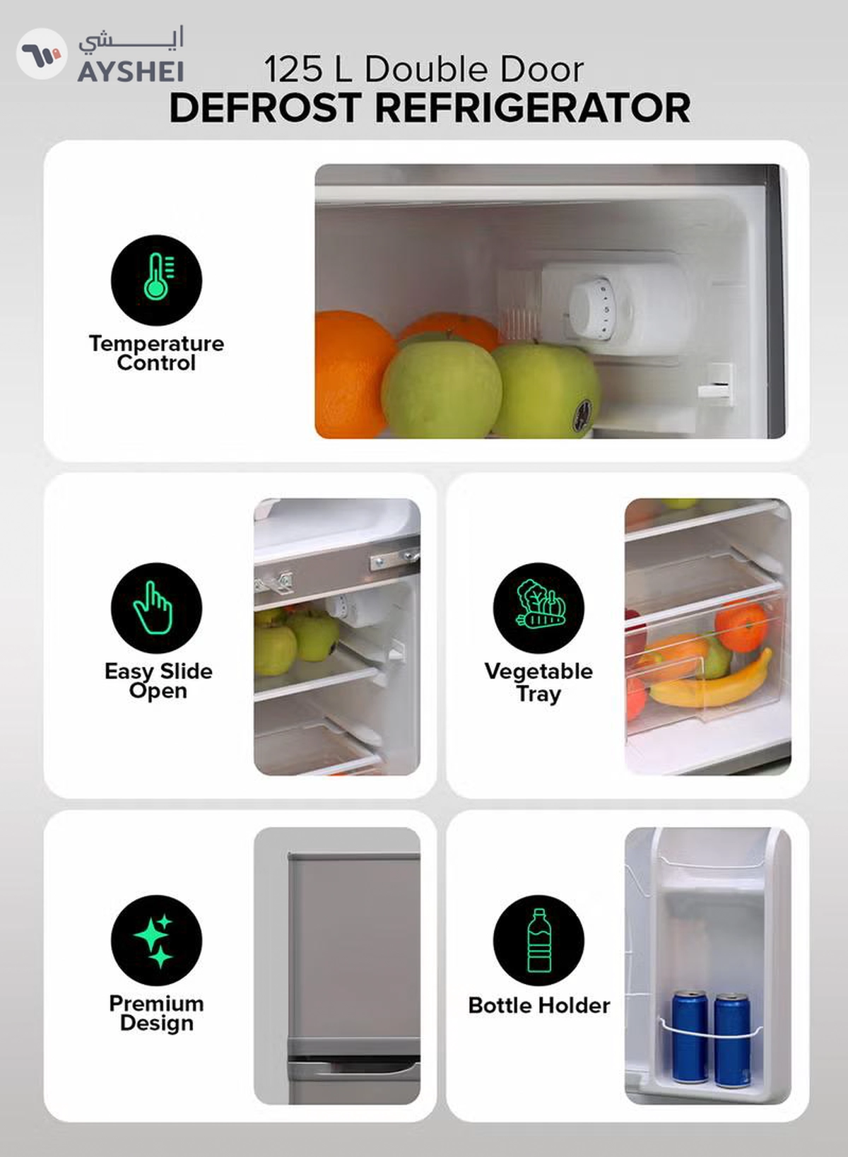 GEEPAS 125L Gross/85L Net Capacity, Double Door Defrost Refrigerator With Rapid Cooling Function, Tropic Type, CFC Free, Interior Lamp, Adjustable Leg, Hook & Key, Outside Condenser, 25L Freezer capacity GRF1259GPE Metallic grey-5-5