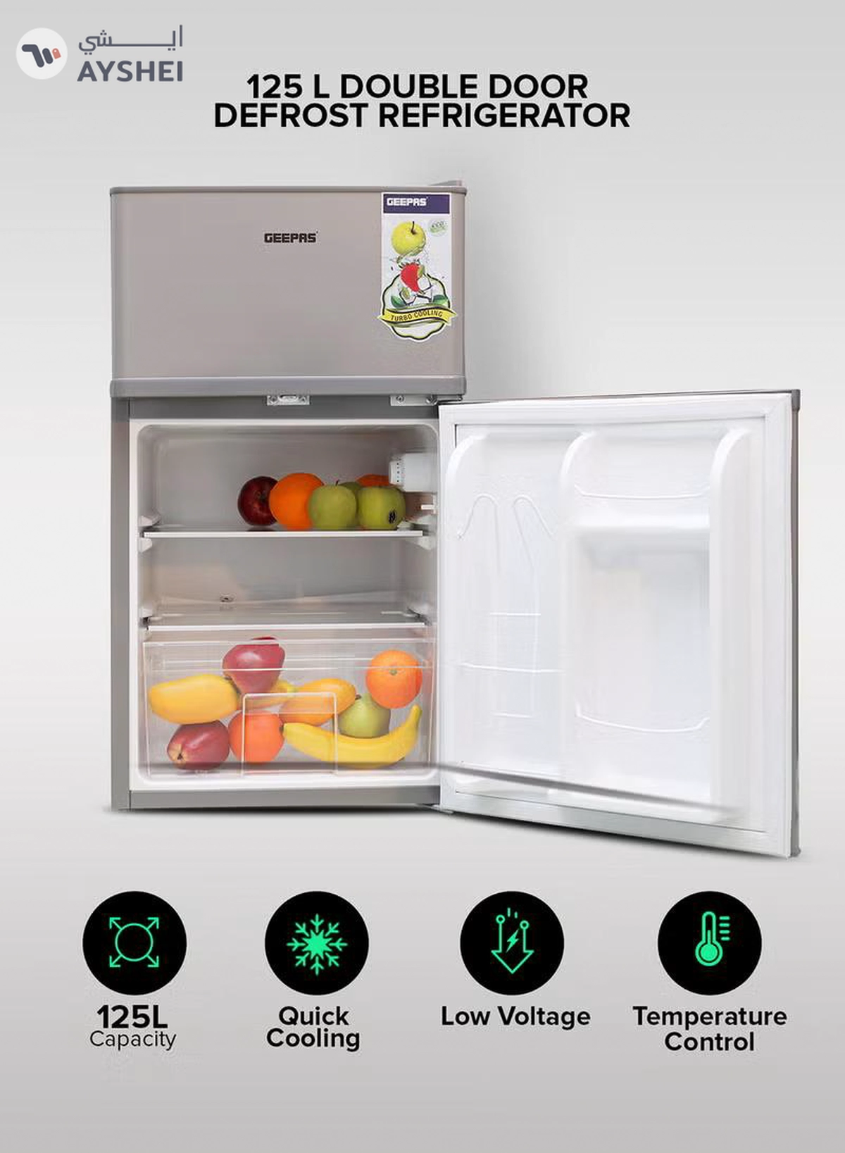 GEEPAS 125L Gross/85L Net Capacity, Double Door Defrost Refrigerator With Rapid Cooling Function, Tropic Type, CFC Free, Interior Lamp, Adjustable Leg, Hook & Key, Outside Condenser, 25L Freezer capacity GRF1259GPE Metallic grey-1-1