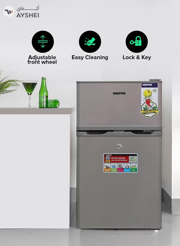 GEEPAS 125L Gross/85L Net Capacity, Double Door Defrost Refrigerator With Rapid Cooling Function, Tropic Type, CFC Free, Interior Lamp, Adjustable Leg, Hook & Key, Outside Condenser, 25L Freezer capacity GRF1259GPE Metallic grey