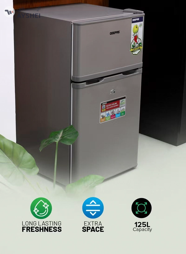 GEEPAS 125L Gross/85L Net Capacity, Double Door Defrost Refrigerator With Rapid Cooling Function, Tropic Type, CFC Free, Interior Lamp, Adjustable Leg, Hook & Key, Outside Condenser, 25L Freezer capacity GRF1259GPE Metallic grey