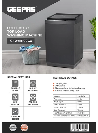GEEPAS 10 kg Fully Automatic Top Loader Washing Machine | Auto-Imbalance, Gentle Fabric Care, Fuzzy Logic, Child Lock, Stainless Steel Drum | 1 Year Warranty 10 kg 550 W GFWM1109GX Black-2