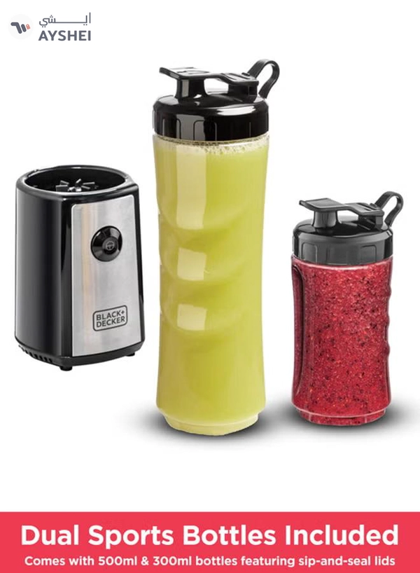 BLACK+DECKER Sports Blender/Smoothie Maker, 6-Piece Set with 500ml & 300ml BPA-Free Sports Bottles, 21,500 RPM Turbo Speed, Stainless Steel Blades for Ice & Frozen Fruits, 500 ml 300 W SBX300-B5 Black/Silver/Clear