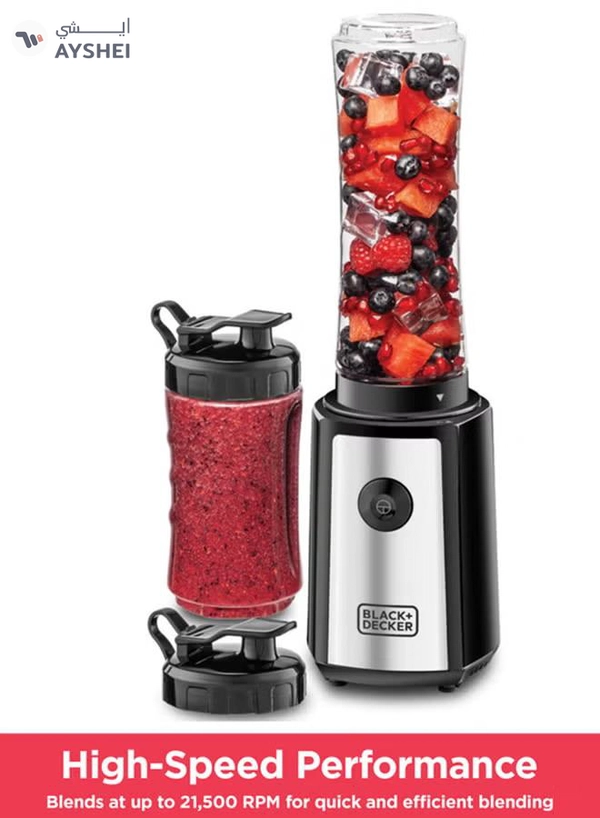 BLACK+DECKER Sports Blender/Smoothie Maker, 6-Piece Set with 500ml & 300ml BPA-Free Sports Bottles, 21,500 RPM Turbo Speed, Stainless Steel Blades for Ice & Frozen Fruits, 500 ml 300 W SBX300-B5 Black/Silver/Clear