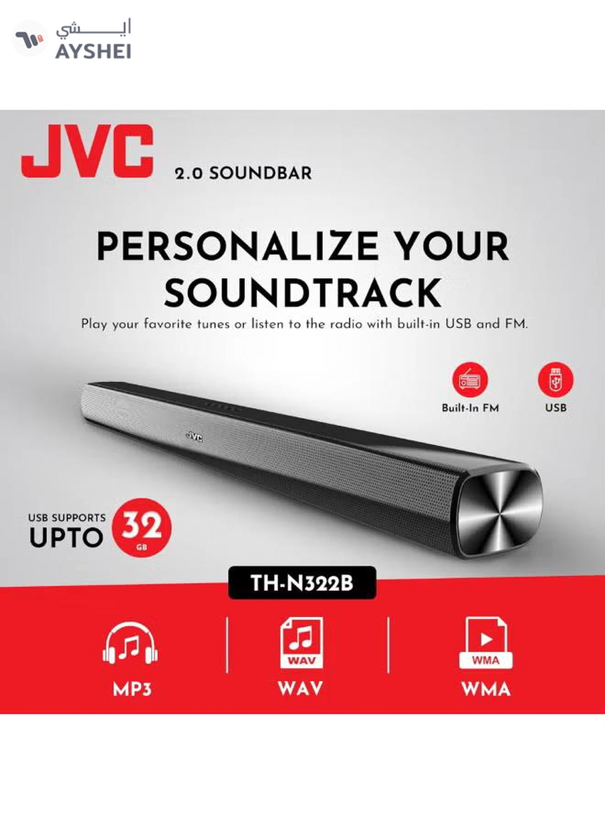 JVC 2.0CH Soundbar Plus Bluetooth, Usb, Fm Radio With 600W PMPO TH-N322B Black-3-3