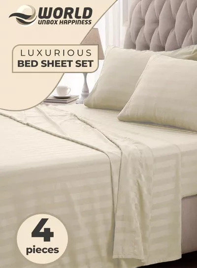 4-Piece Luxury Cream Striped Bedding Set Includes 1 Regular Bedsheet, 1 Fitted Bed Sheet, and 2 Pillow Cases for Ultimate Hotel-Inspired Sophistication in King, Queen and Single Sizes-0