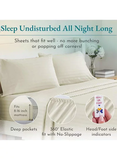 4-Piece Luxury Cream Striped Bedding Set Includes 1 Regular Bedsheet, 1 Fitted Bed Sheet, and 2 Pillow Cases for Ultimate Hotel-Inspired Sophistication in King, Queen and Single Sizes-1