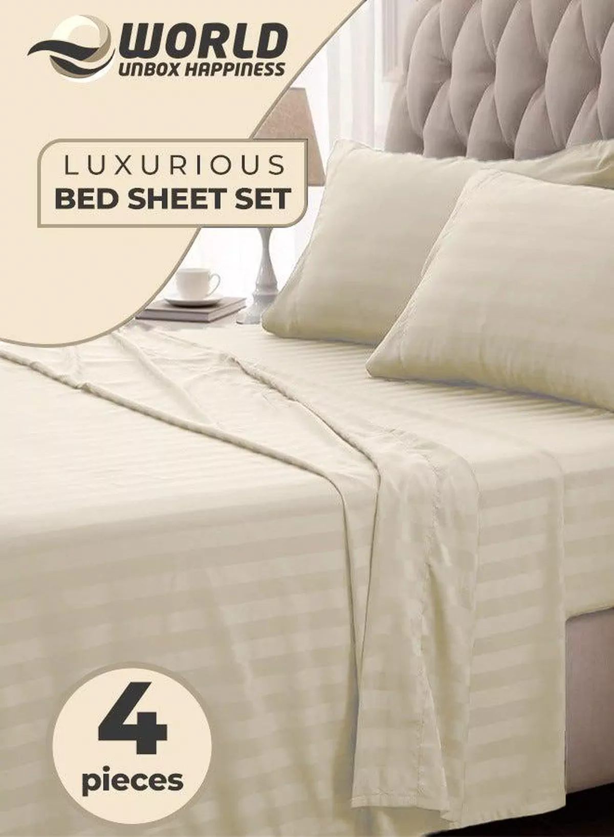 4-Piece Luxury Cream Striped Bedding Set Includes 1 Regular Bedsheet, 1 Fitted Bed Sheet, and 2 Pillow Cases for Ultimate Hotel-Inspired Sophistication in King, Queen and Single Sizes