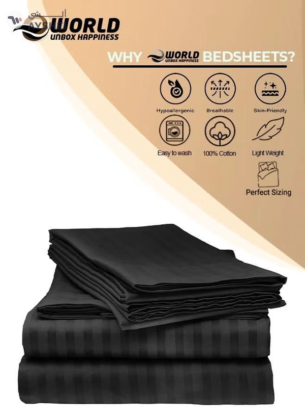 Eworld 3 Piece Luxury Black Striped Bed Sheet Set with 1 Deep Pocket Fitted Sheet and 2 Pillowcases