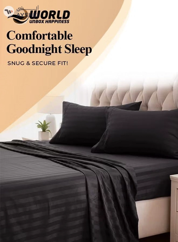 Eworld 3 Piece Luxury Black Striped Bed Sheet Set with 1 Deep Pocket Fitted Sheet and 2 Pillowcases