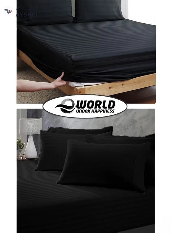 Eworld 3 Piece Luxury Black Striped Bed Sheet Set with 1 Deep Pocket Fitted Sheet and 2 Pillowcases