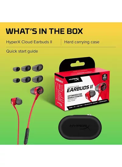 HyperX Cloud Gaming Earbuds II, In-Ear Gaming Headphones, Noise-Isolating Design, High-Quality Sound, built-in Mic, Comfort Fit, Compatible with PC, Console & Mobile, Red | 705L8AA-7