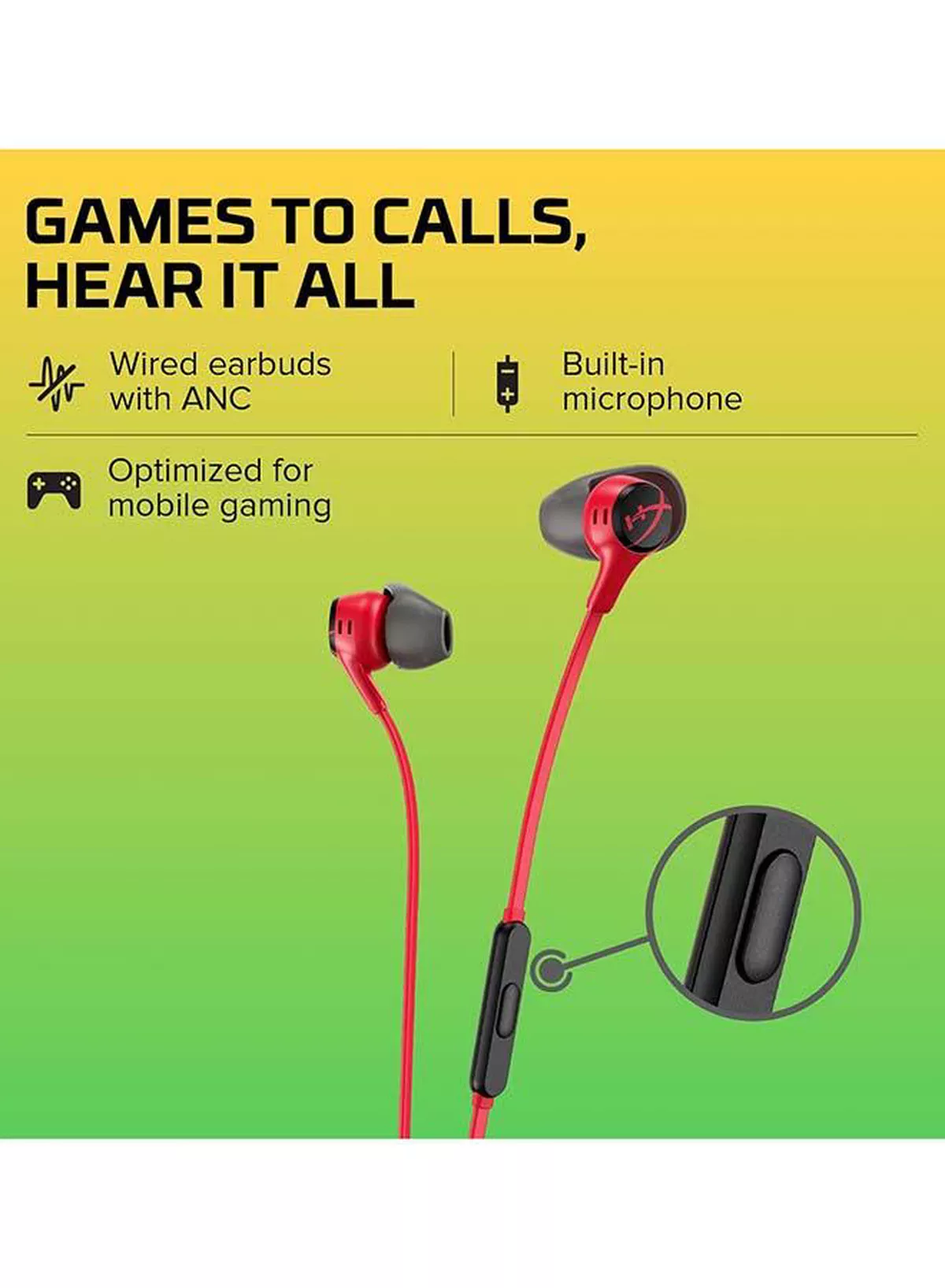 HyperX Cloud Gaming Earbuds II, In-Ear Gaming Headphones, Noise-Isolating Design, High-Quality Sound, built-in Mic, Comfort Fit, Compatible with PC, Console & Mobile, Red | 705L8AA-1-1