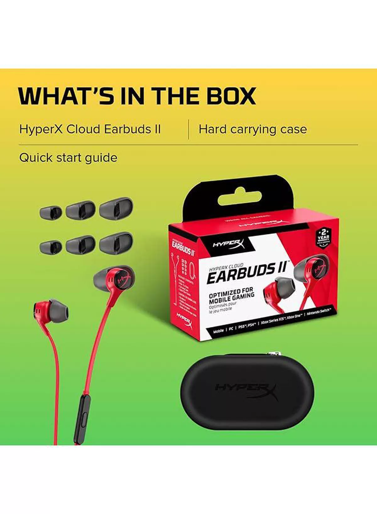 HyperX Cloud Gaming Earbuds II, In-Ear Gaming Headphones, Noise-Isolating Design, High-Quality Sound, built-in Mic, Comfort Fit, Compatible with PC, Console & Mobile, Red | 705L8AA-7-7