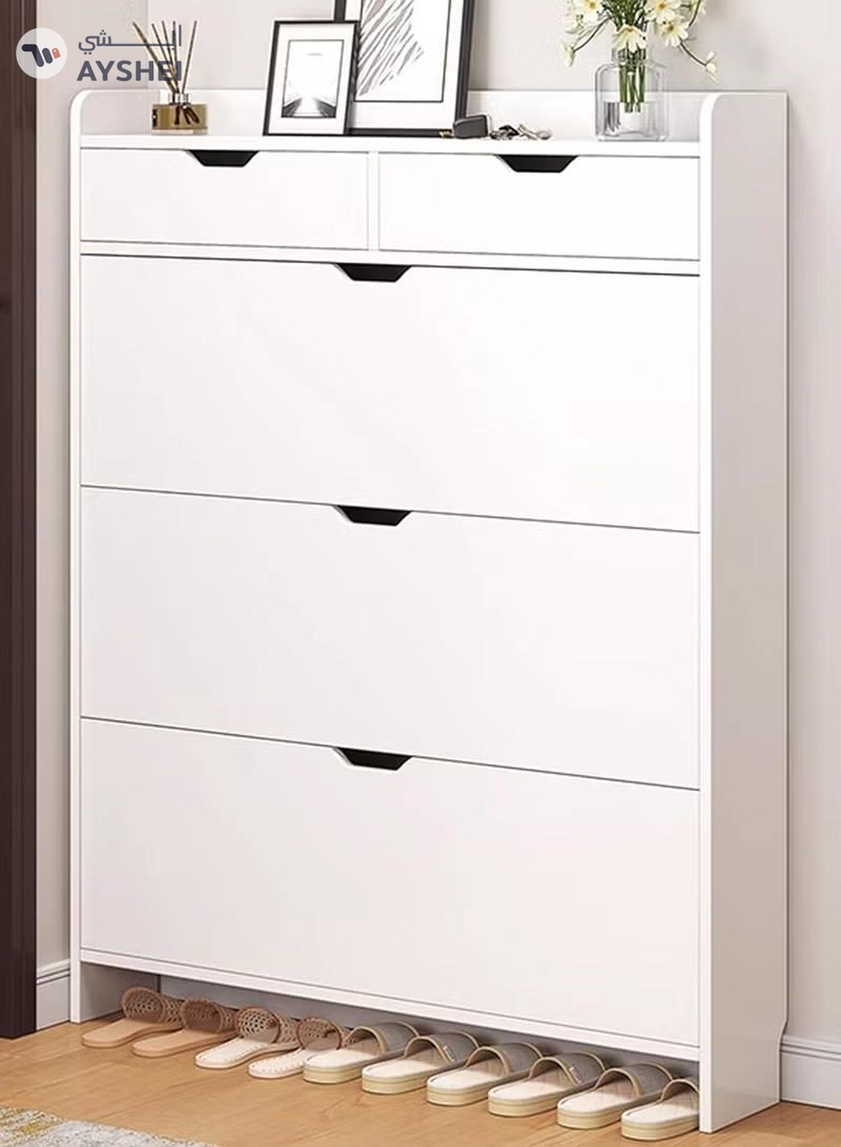 DubaiGallery Modern Luxury Hallway Closet, Stylish Simple Balcony Shoes and Slippers Rack, Wooden White-3-3