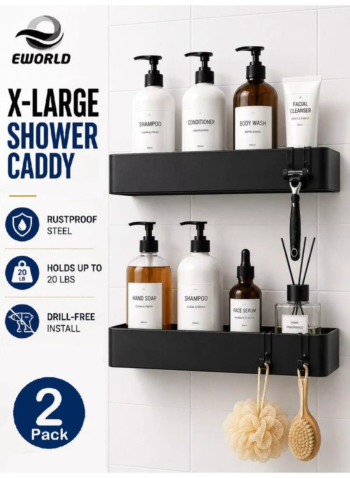 2-Piece Shower Caddy Bathroom Shelf, Self-Adhesive No-Drill Installation, Wall-Mounted Shower Organizer, Rustproof Stainless Steel Storage Rack for Bathroom, Toilet & Kitchen