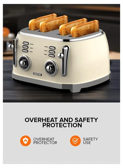 GEEPAS 4-Slice Bread Toaster, 1500W – 6 Browning Levels, Metallic Body, Defrost/Reheat/Cancel Functions, Removable Crumb Tray, Anti-Slip Feet, Cord Storage, Indicator Lights 1500 W GBT36564UK-CR Cream-4
