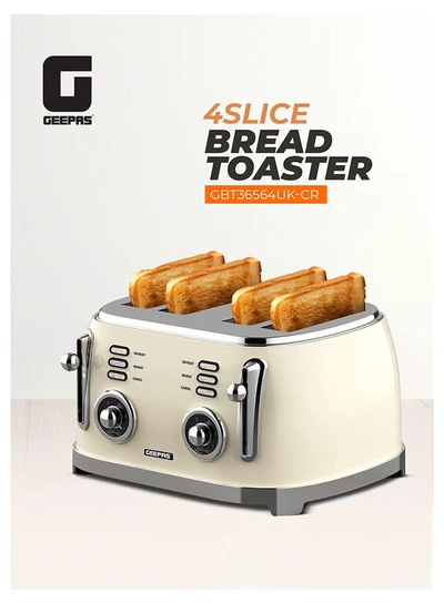 GEEPAS 4-Slice Bread Toaster, 1500W – 6 Browning Levels, Metallic Body, Defrost/Reheat/Cancel Functions, Removable Crumb Tray, Anti-Slip Feet, Cord Storage, Indicator Lights 1500 W GBT36564UK-CR Cream-0