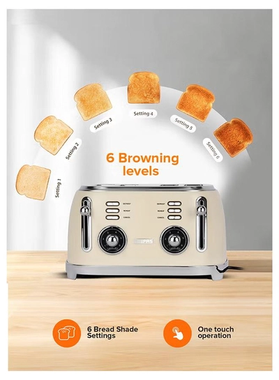 GEEPAS 4-Slice Bread Toaster, 1500W – 6 Browning Levels, Metallic Body, Defrost/Reheat/Cancel Functions, Removable Crumb Tray, Anti-Slip Feet, Cord Storage, Indicator Lights 1500 W GBT36564UK-CR Cream-3