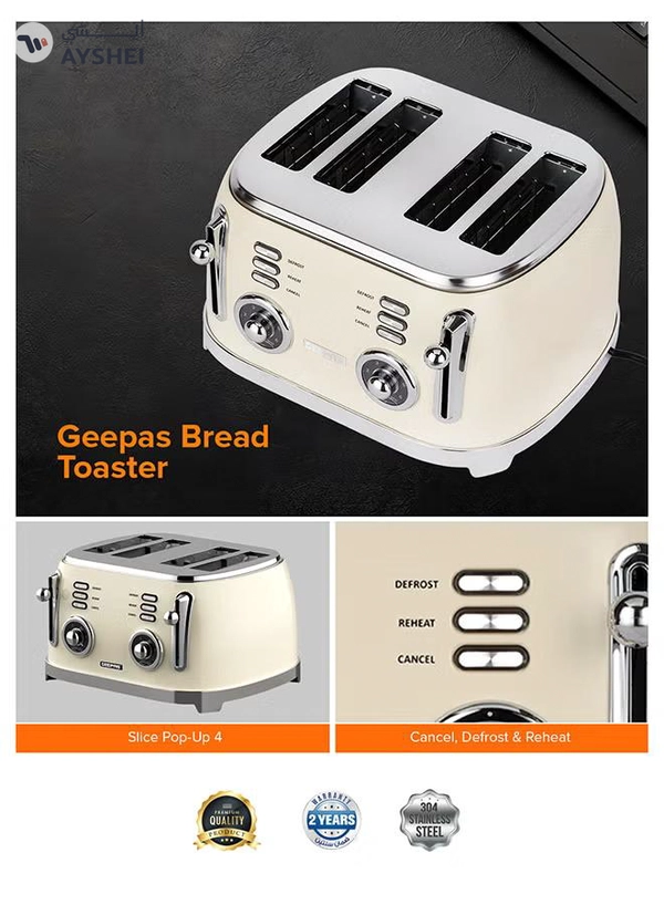 GEEPAS 4-Slice Bread Toaster, 1500W – 6 Browning Levels, Metallic Body, Defrost/Reheat/Cancel Functions, Removable Crumb Tray, Anti-Slip Feet, Cord Storage, Indicator Lights 1500 W GBT36564UK-CR Cream