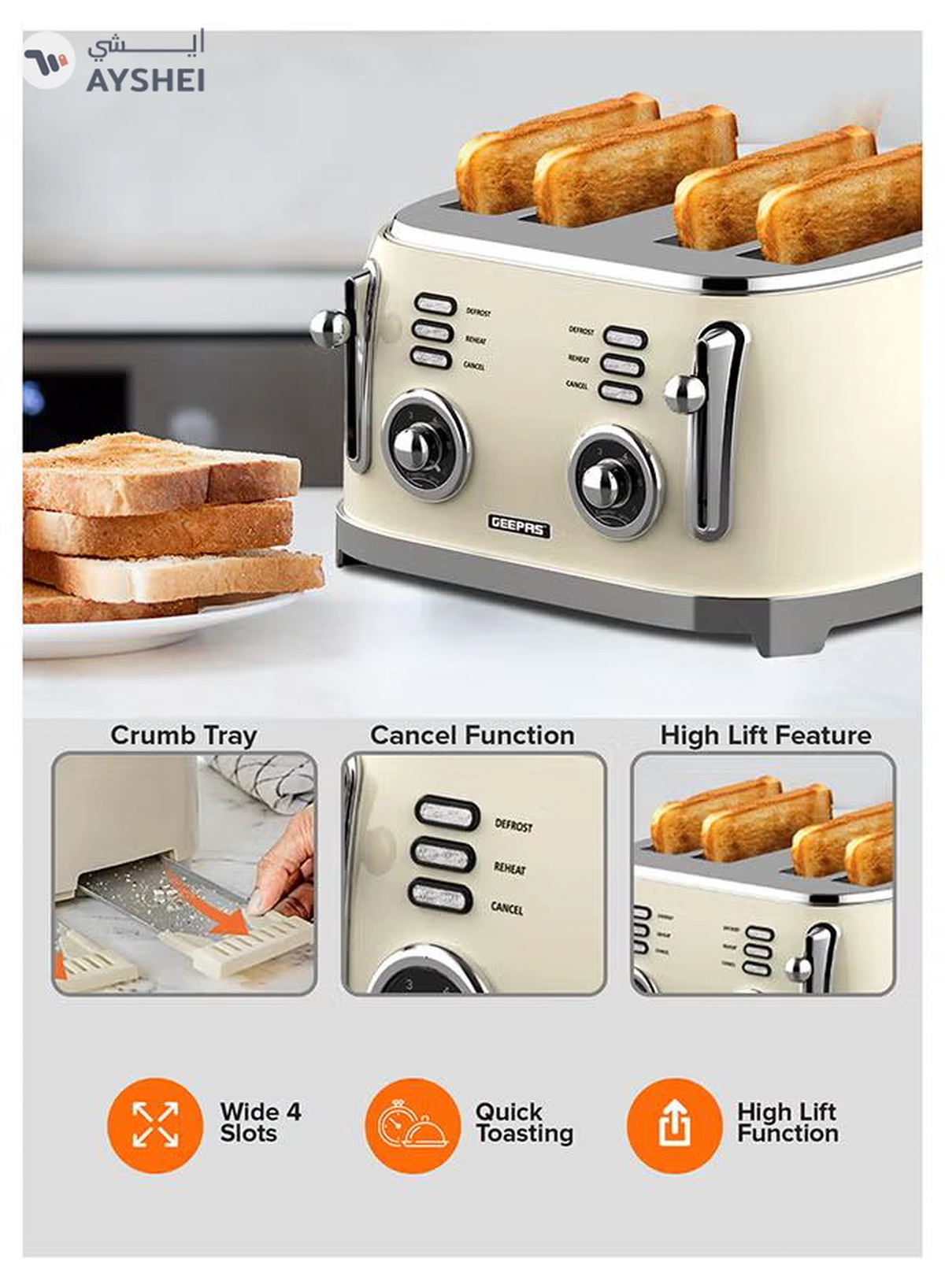 GEEPAS 4-Slice Bread Toaster, 1500W – 6 Browning Levels, Metallic Body, Defrost/Reheat/Cancel Functions, Removable Crumb Tray, Anti-Slip Feet, Cord Storage, Indicator Lights 1500 W GBT36564UK-CR Cream-6-6