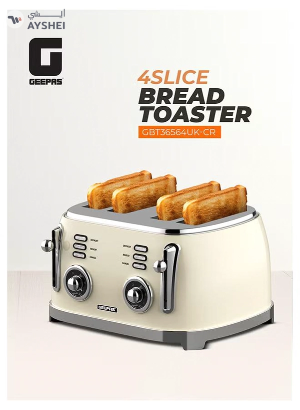 GEEPAS 4-Slice Bread Toaster, 1500W – 6 Browning Levels, Metallic Body, Defrost/Reheat/Cancel Functions, Removable Crumb Tray, Anti-Slip Feet, Cord Storage, Indicator Lights 1500 W GBT36564UK-CR Cream