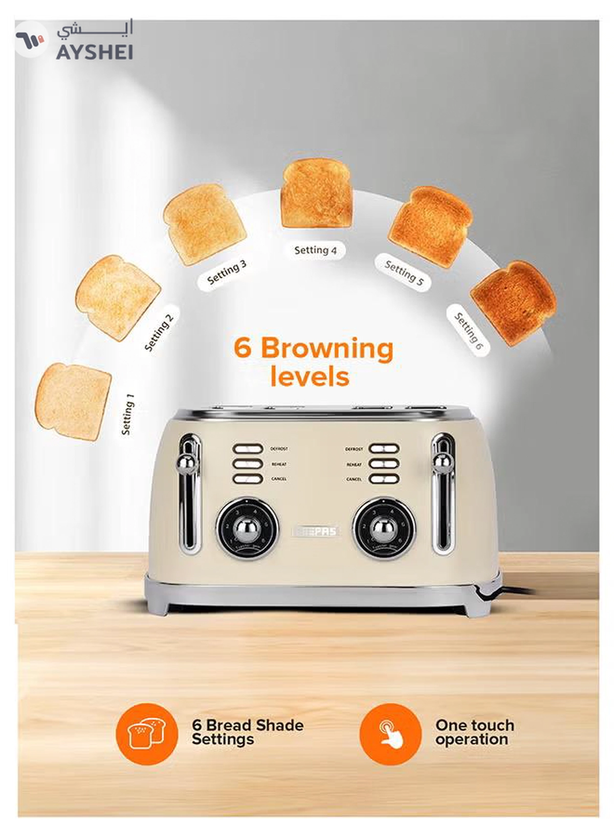 GEEPAS 4-Slice Bread Toaster, 1500W – 6 Browning Levels, Metallic Body, Defrost/Reheat/Cancel Functions, Removable Crumb Tray, Anti-Slip Feet, Cord Storage, Indicator Lights 1500 W GBT36564UK-CR Cream-3-3